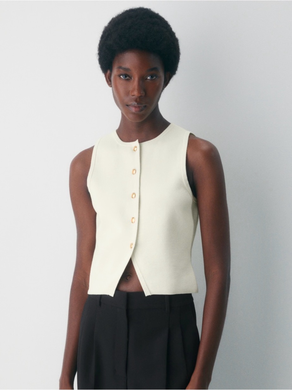 Babaton Cream Sleeveless Knit Top with Gold Buttons